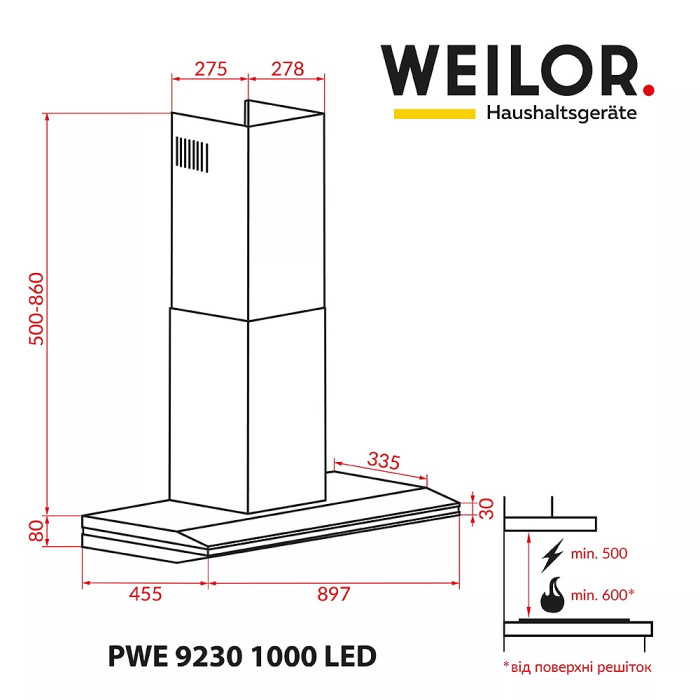 Витяжка Weilor PWE 9230 SS 1000 LED